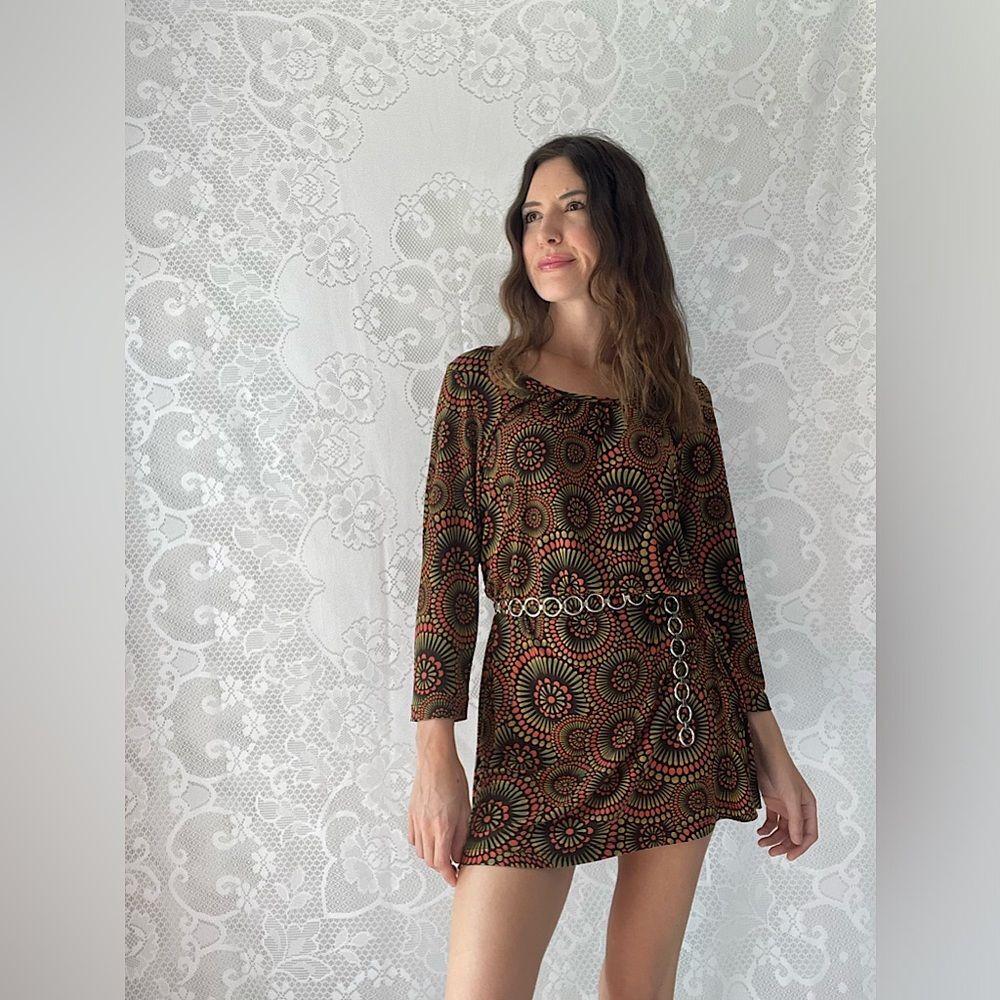 90s / Y2K Groovy Hourglass Orange Green Brown 1830 Brand Mini Dress